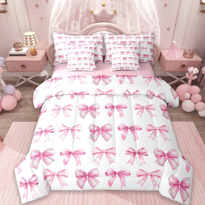 Erosebridal Princess Bow Bowtie Bed in a Bag Twin Size,Cartoon Pattern Bed Set,White Pink Bedding Twin Size For Girly,Super Cozy Room Decorative Reversible,7 Pieces