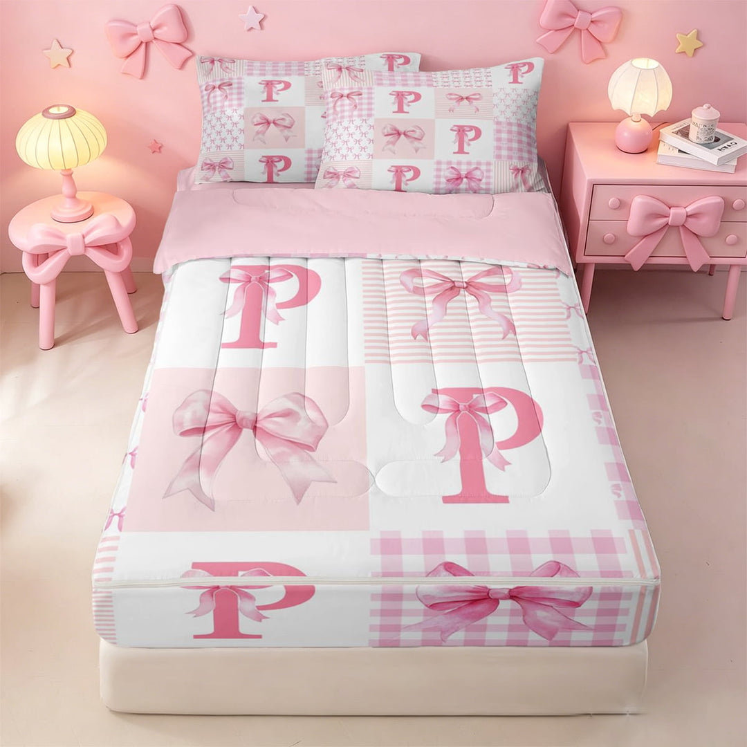 meiyoeat Pink Ribbon Bowknot Zipper Twin Comforter Sets with Fitted Sheet and 2 Pillowcases For Girls,Cute Bowtie Alphabet Print P Zipper Bedding Set For Kids,Pink Reversible,4 Pieces