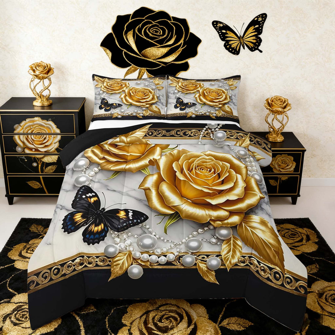 Manfei 3D Gold Rose Floral Comforter Sets Full Size for Girls, Chic Butterfly Comforters &amp; Duvets, Luxury Pearl Print Bedding Full Comforter Set, Lightweight Bedroom Decoration, 3-Piece Reversible