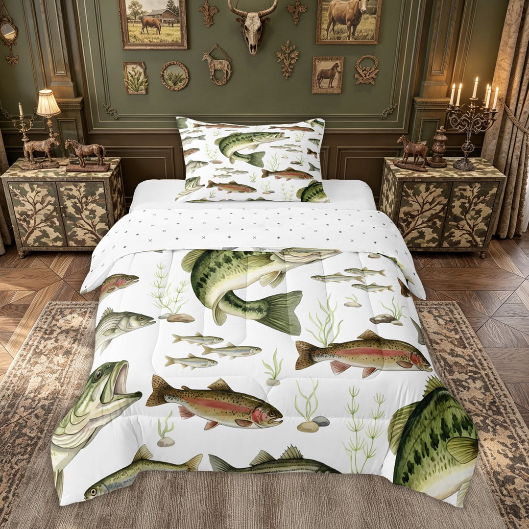 meiyoeat Largemouth Bass Fishing Full Size Comforter Sets for Men, Natural Stream Marine Bedding Comforter Set, Green, Reversible, 3-Piece, 1 Comforter and 2 Pillowcases