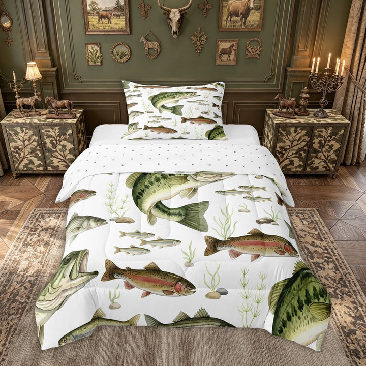 meiyoeat Largemouth Bass Fishing Full Size Comforter Sets for Men, Natural Stream Marine Bedding Comforter Set, Green, Reversible, 3-Piece, 1 Comforter and 2 Pillowcases