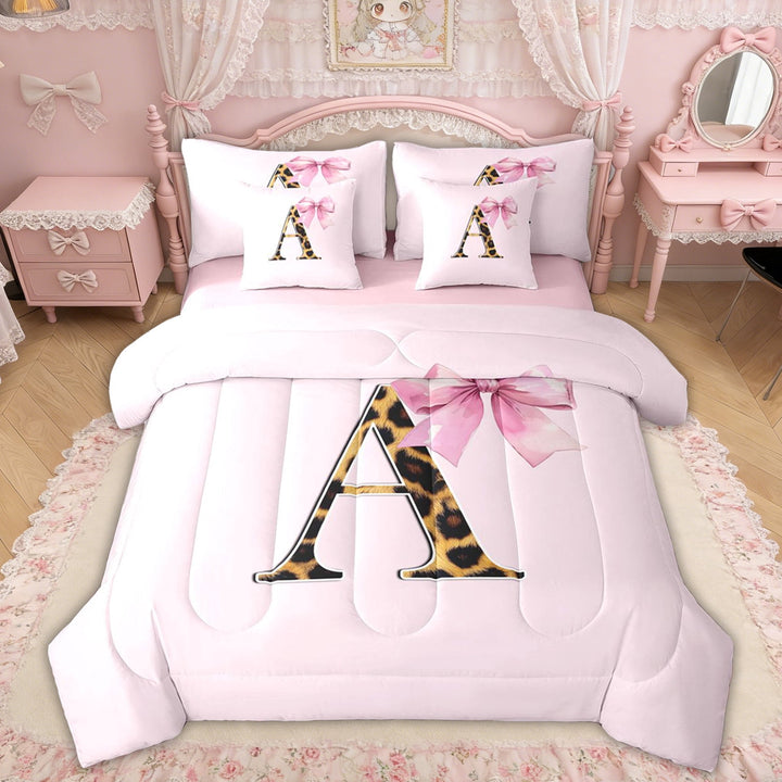 Erosebridal Pink Bowknot Letter A Twin Bedding Sets, Cheetah Leopard Print Bedding Comforter Set for Girls Kids, Pink Reversible, 7 Pieces