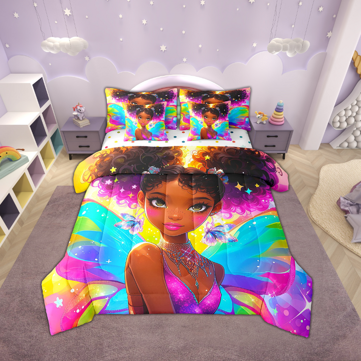Afro 7 Piece Comforter Set Full Bed in a Bag,American African Black Hair Bedding Sets Dreamy Butterfly Wing Sheet Set with Comforter