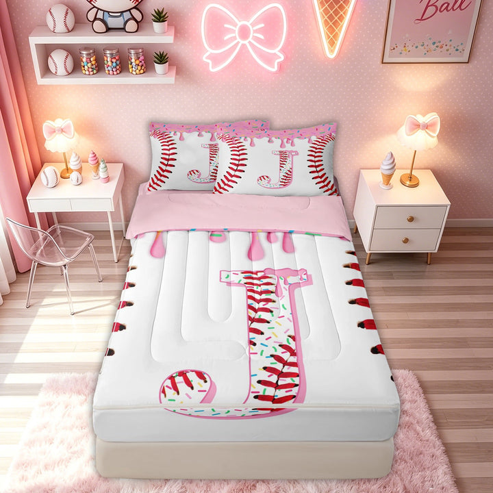 meiyoeat Girly Dripping Ice Cream Zipper Full Size Comforter Sets with Fitted Sheet and 2 Pillowcases for Kids Girls, Cartoon Baseball Initial J Zipper Bedding Set, Pink, Pink Reversible, 4 Pieces