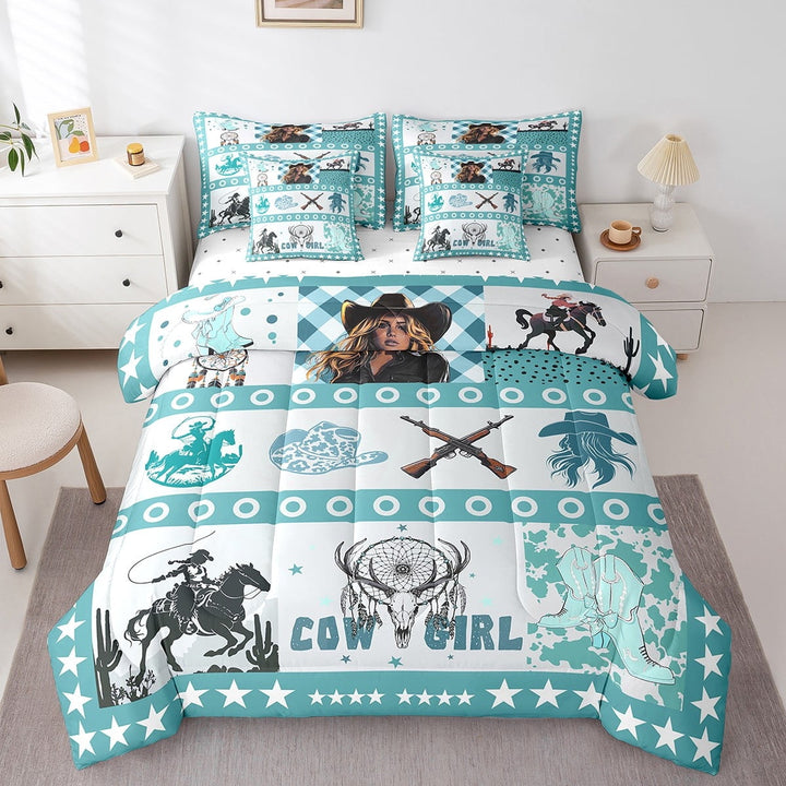 Western 7 Piece Comforter Set Full Bed in a Bag Disco Boots Hat Cap Bedding Sets,Texas Star Sheet Set Farm Animals Cowhide Bed Set,Bull Skull Dream Catchers CowWestern Decor