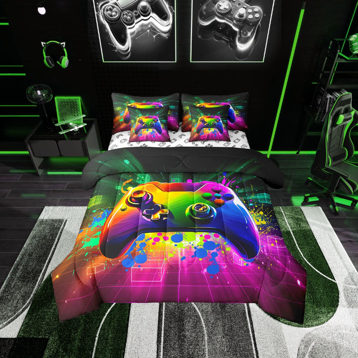 Erosebridal Male Gamepads Bedding Sets Twin Size,Video Game Comforter Sets with Sheets,Gradient Ombre Bed in a Bag Twin size,Super Cozy Geometric Room Decor,Reversible,7-Piece