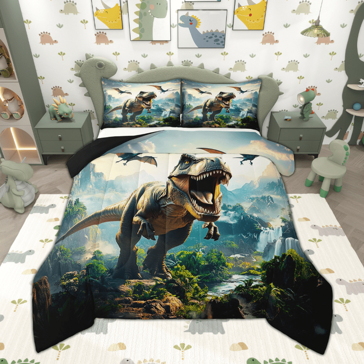Manfei Kids Dinosaur Full Size Comforter Sets for Boys, Tyrannosaurus Rex Bedding Comforter Set, Wild Jungle Animal Bedding Sets, Ultra Soft Home Decor Reversible 3 Pieces