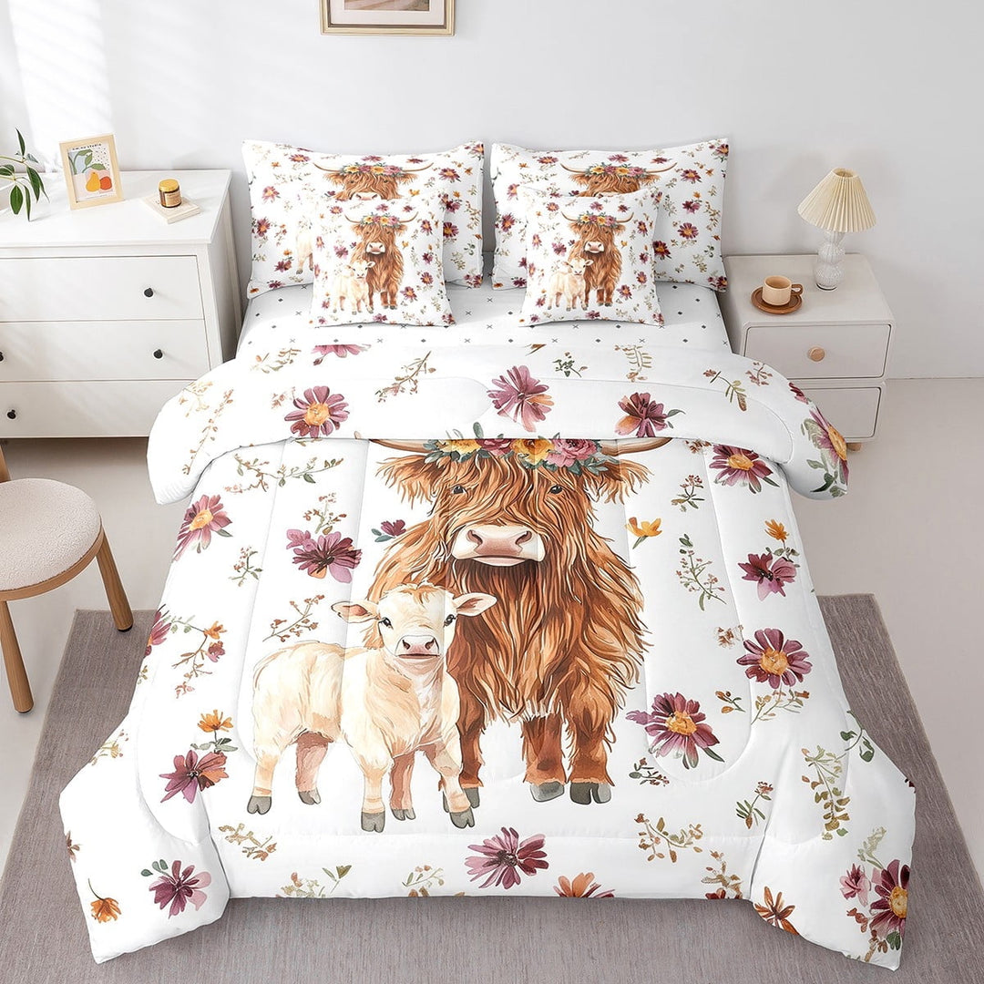 Erosebridal 7Pcs Highland Cow Bedding Sets Twin Size,Farm Animal Comforter Sets With Sheets,Chic Flowers Bed In A Bag Twin Size,Ultra Soft Farmhouse Room Decor