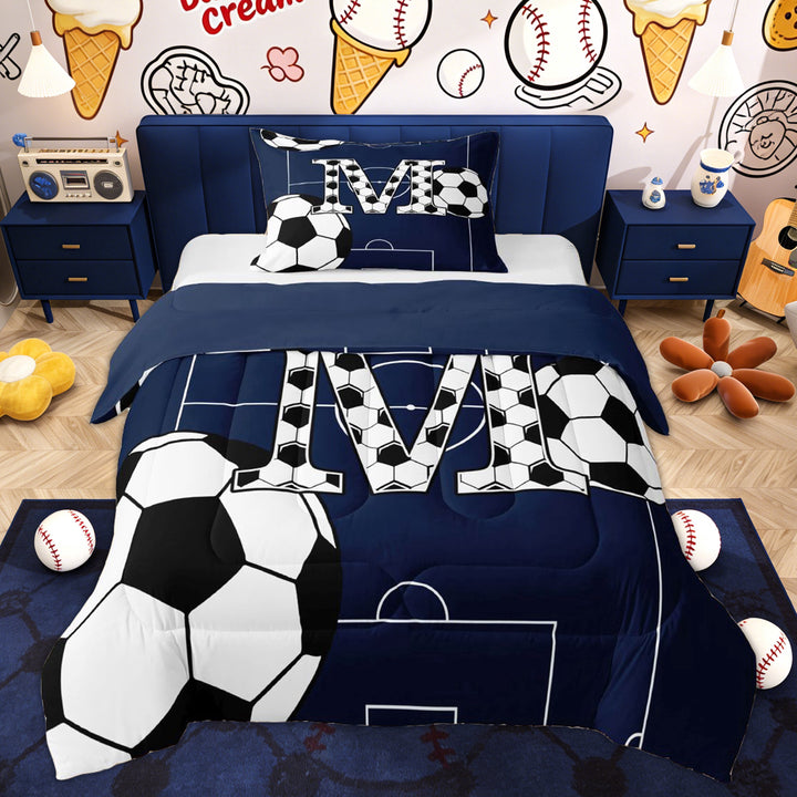 Erosebridal Soccer Letter M Kids Twin Comforter Sets, Blue Cartoon Bedding Set, 2 Pieces
