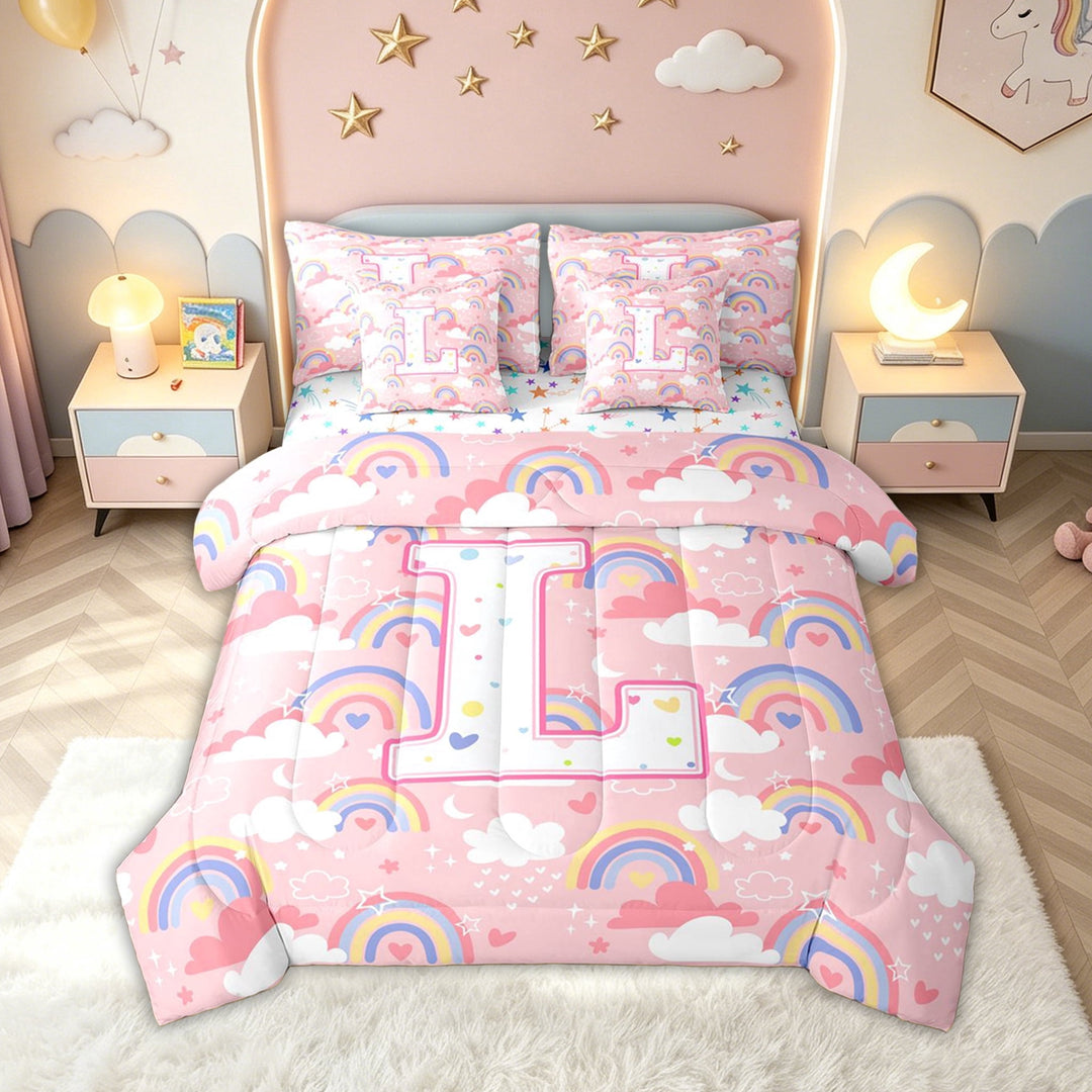 meiyoeat Rainbow Letter L Full Size Bedding Sets for Girls Kids, Cartoon Cloud Full Size Bed in a Bag for Bedroom, Pink, Colorful Star Reversible, 7-Piece