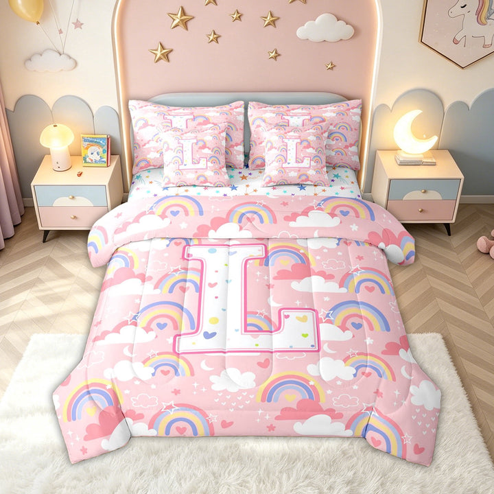 meiyoeat Rainbow Letter L Full Size Bedding Sets for Girls Kids, Cartoon Cloud Full Size Bed in a Bag for Bedroom, Pink, Colorful Star Reversible, 7-Piece