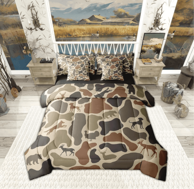 Manfei Deer Bear Camo 7pcs Full Bedding Set - Brown Vintage Hunting Animal Style