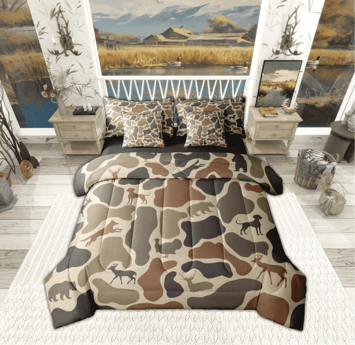 Manfei Deer Bear Camo 7pcs Full Bedding Set - Brown Vintage Hunting Animal Style