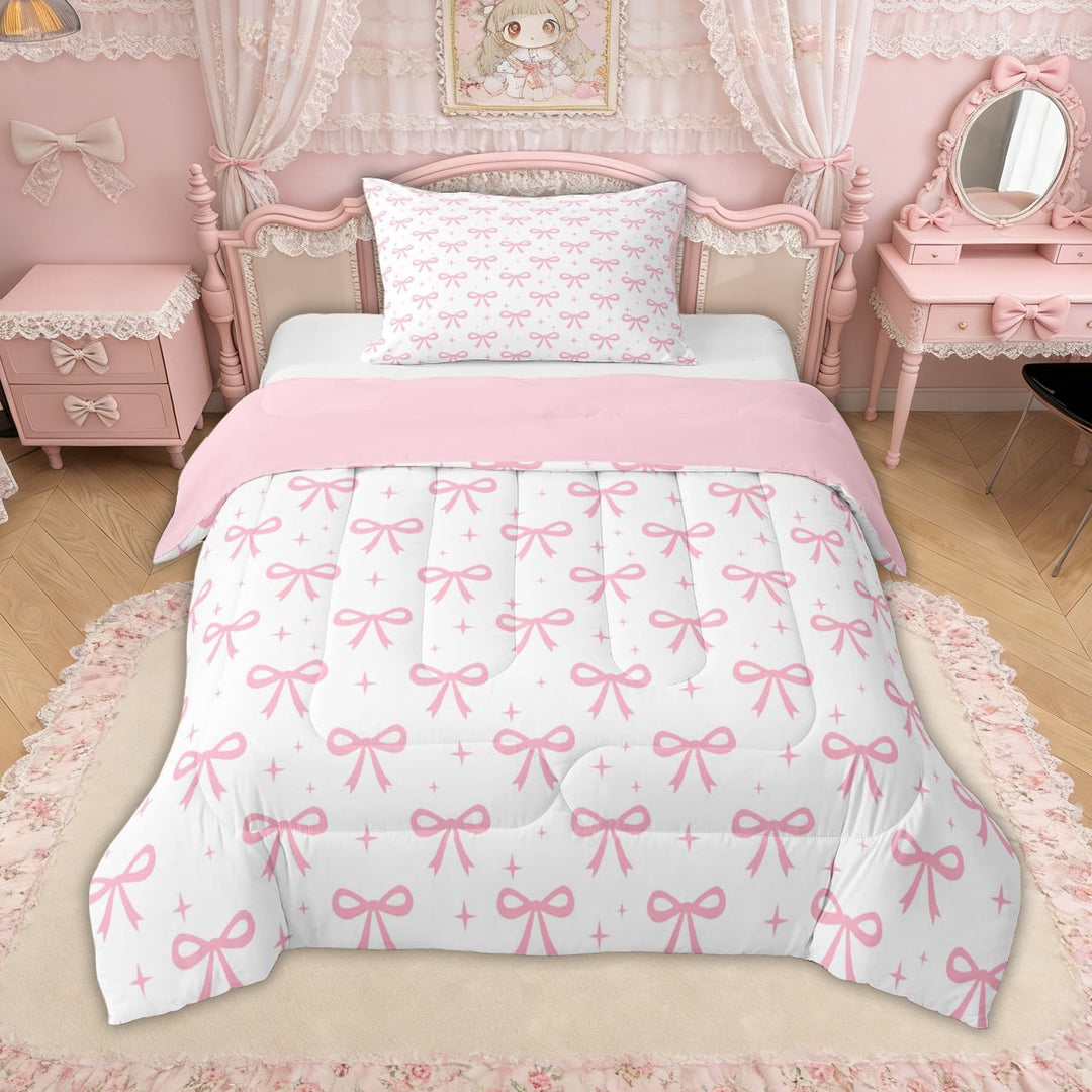 Erosebridal Pink Bow Star Twin Comforter Sets for Girls, Cartoon Princess Style Bedding Set, Pink Reversible, 2 Pieces