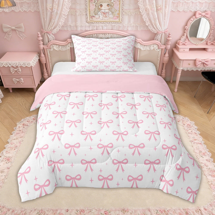 Erosebridal Pink Bow Star Twin Comforter Sets for Girls, Cartoon Princess Style Bedding Set, Pink Reversible, 2 Pieces