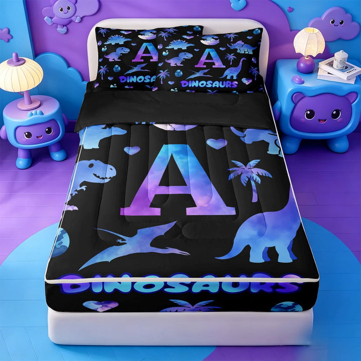 meiyoeat Dinosaur Watercolor Monogram A Zipper Full Size Comforter Sets with Fitted Sheet and 2 Pillowcases For Boys,Wild Animal Themed Zipper Bedding Set,Black Reversible,4-Piece