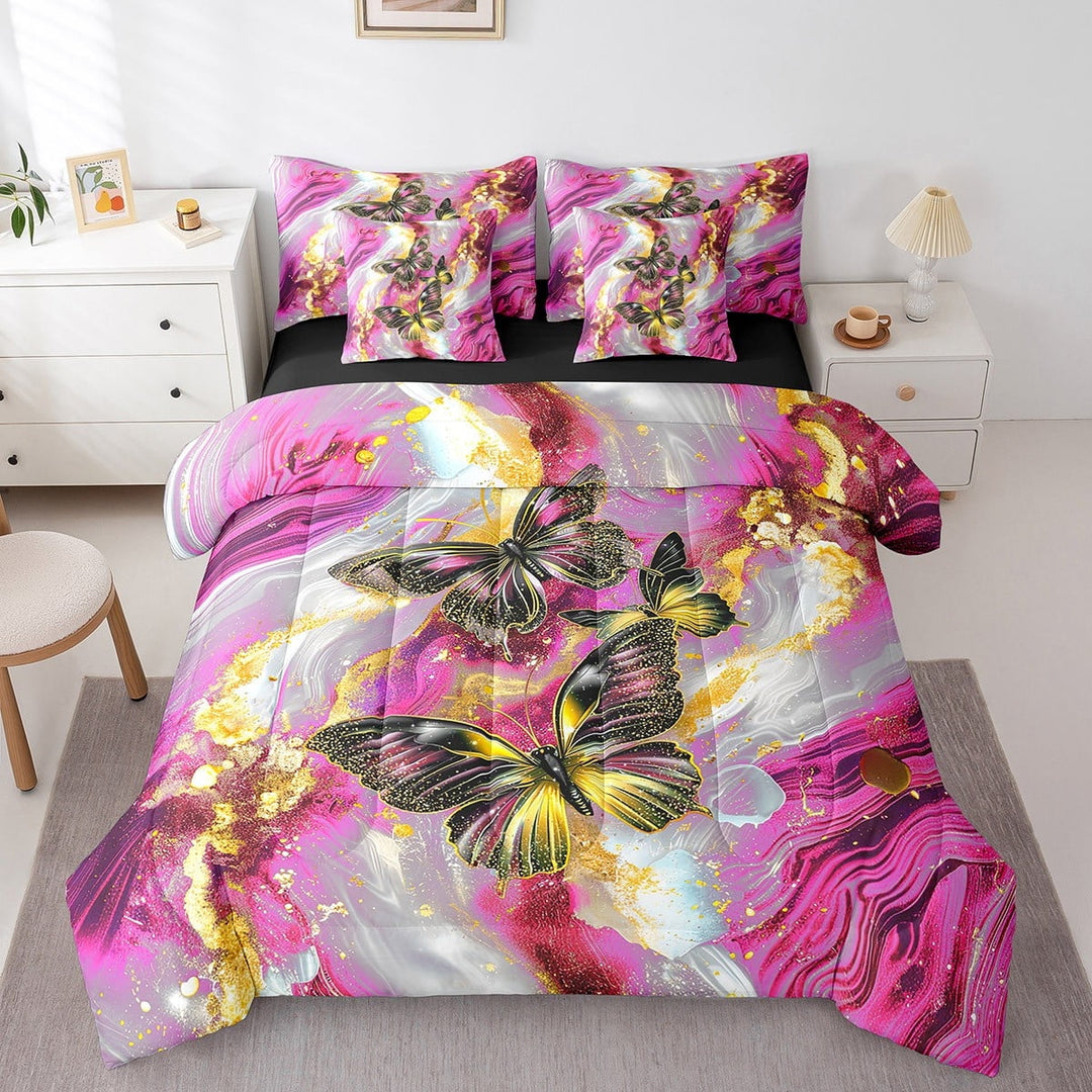 Purple Marble Bed in a Bag Queen Comforter Set 7 Piece Red Butterfly Bedding Sets,Gold Marbling Sheet Set Abstract Ombre Ink Fluid Art Bed Set,Rustic Animal Butterflies Room Decor Aesthetic