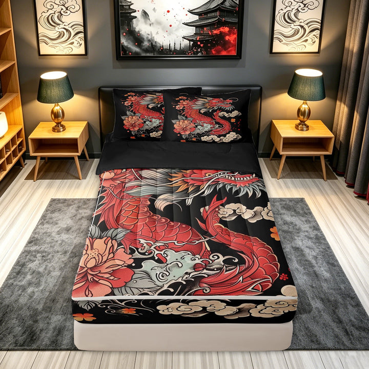 meiyoeat Ink Peony Dragon Zipper Comforter Set with Fitted Sheet and 2 Pillowcases for Boys, Vintage Japanese Style Zipper Bedding Set, Black Red, Black Reversible, 3pcs