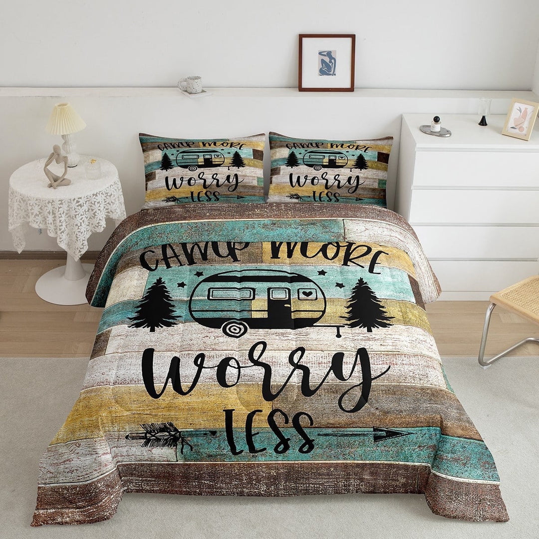 RV Camper Bedding Queen,Camping Comforter Set Camping Decor,RV Travel Car Camping Down Comforter for Women Men,Hand Drawn Wooden Plank Grunge Vintage Quilt Camping Accessories for Inside Teal Yellow