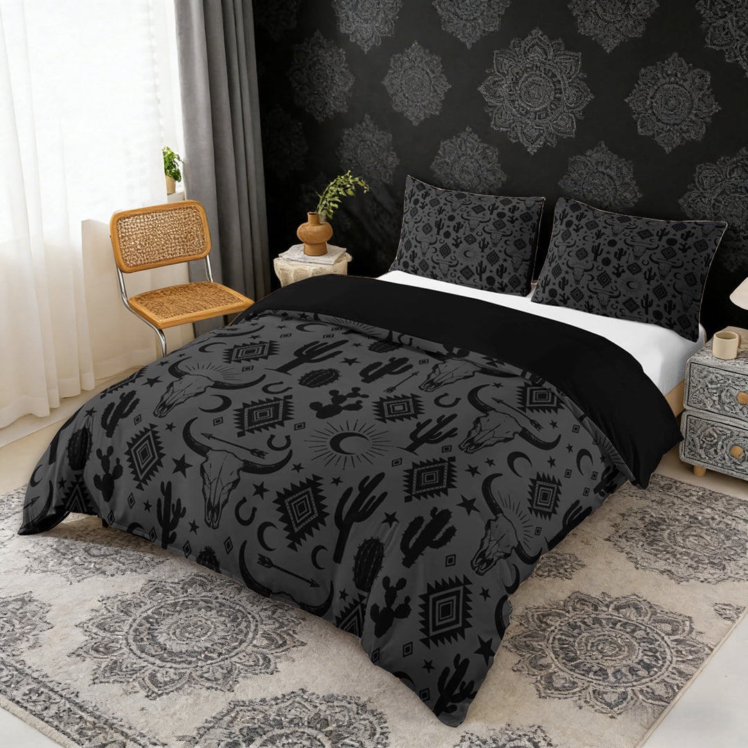 Erosebridal Boho Cow Skull Queen Duvet Cover Set, Rustic Farmhouse Aztec Bedding, Black Gray, Black Reversible 3-Piece, 1 Duvet Cover and 2 Pillowcases (No Comforter)