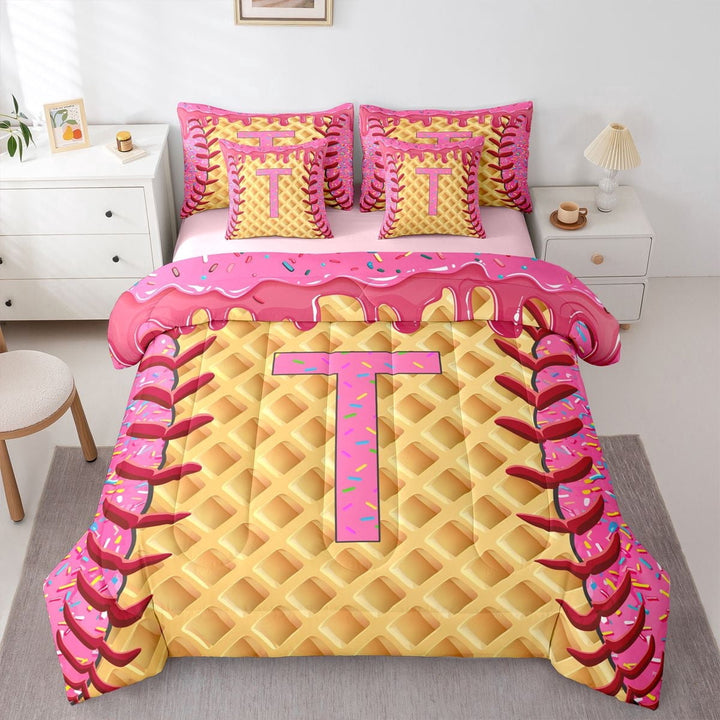 Erosebridal Baseball Ice Cream T Letter Twin Bedding Sets, Pink Cute Dount Initial Bedding Comforter Set, 7pcs