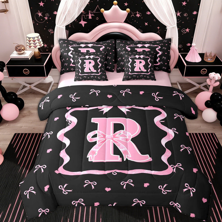 Erosebridal Kid Monogrammed R Twin Bedding Sets 7-Piece, Princess Bowknot Bedding Comforter Set, Black Pink