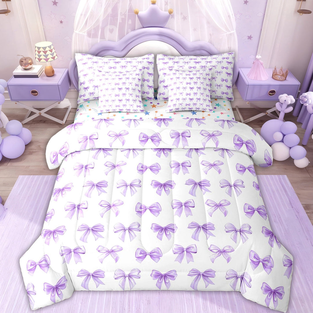 Erosebridal Cute Ribbon Kids Twin Bedding Sets, Fashion Bowknot Bedding Comforter Set, Purple, 7-Piece