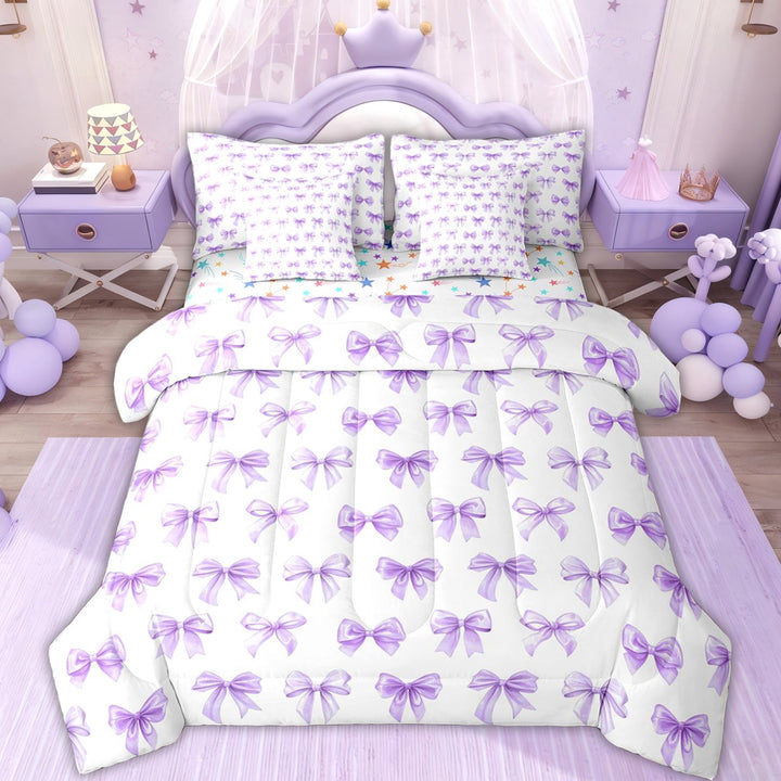 Erosebridal Cute Ribbon Kids Twin Bedding Sets, Fashion Bowknot Bedding Comforter Set, Purple, 7-Piece