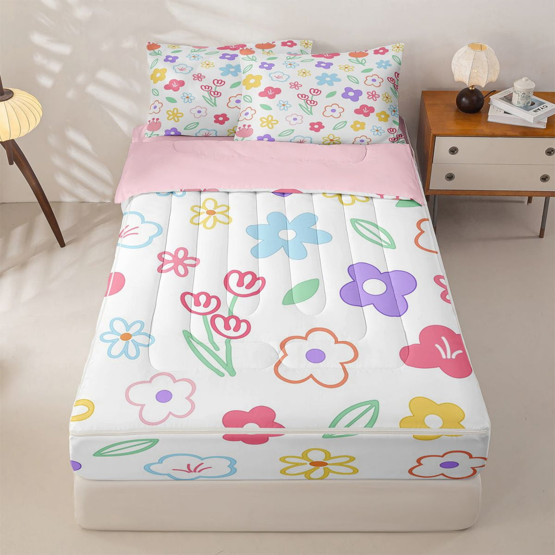 meiyoeat Cartoon Floral Print Zipper Twin Comforter Sets with Fitted Sheet and 2 Pillowcases for Kids Girls, Colorful Tulip Flower Zipper Bedding Set, Multicolor White, Pink ReversibleG
