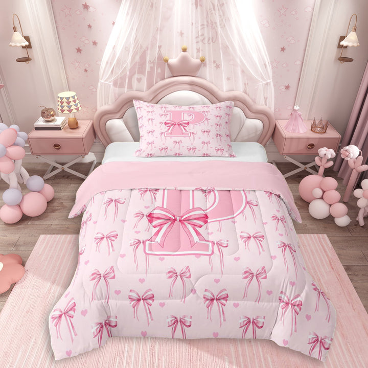 Erosebridal Cartoon Stripes Bow Twin Comforter Sets 3-Piece For Teens,Girls Pink Personalized Initial P Bedding Set,Pink Reversible