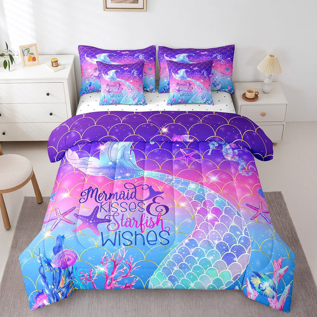 Erosebridal Bed in A Bag Full 7 Pcs,Kawaii Mermaid Tail Comforter Set Women,Gold Stars Rainbow Fish Scale Bedding,Watercolor Rainbow Neon Ombre Reversible Bed Sets with Sheet Set