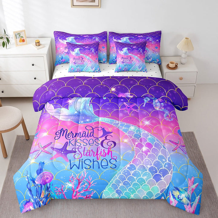 Erosebridal Bed in A Bag Full 7 Pcs,Kawaii Mermaid Tail Comforter Set Women,Gold Stars Rainbow Fish Scale Bedding,Watercolor Rainbow Neon Ombre Reversible Bed Sets with Sheet Set
