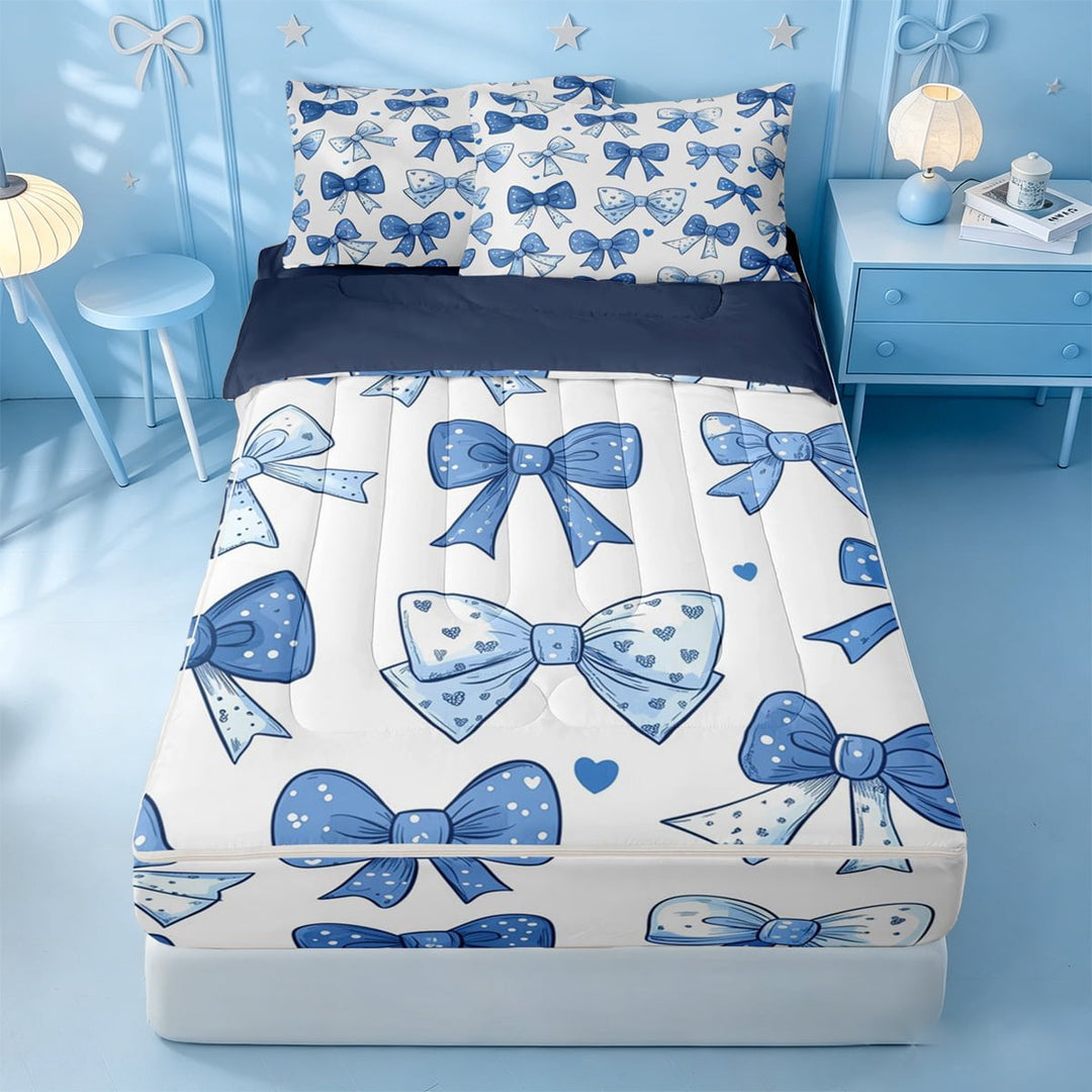 meiyoeat Polka Dots Bow Zipper Twin Comforter Sets with Fitted Sheet and 2 Pillowcases For Girls,Vintage Cute Coquette Bowknot Zipper Bedding Set For Kids,Navy Blue Reversible,4 Pieces