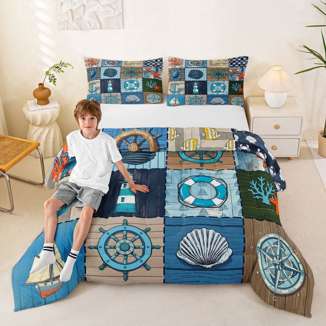 Manfei Vintage Nautical Patchwork Full Size Comforter Sets for Kids Boys and Girls, Anchor Lighthouse Bedding Sets, Navy Reversible 3 Pieces, 1 Comforter and 2 Pillowcases