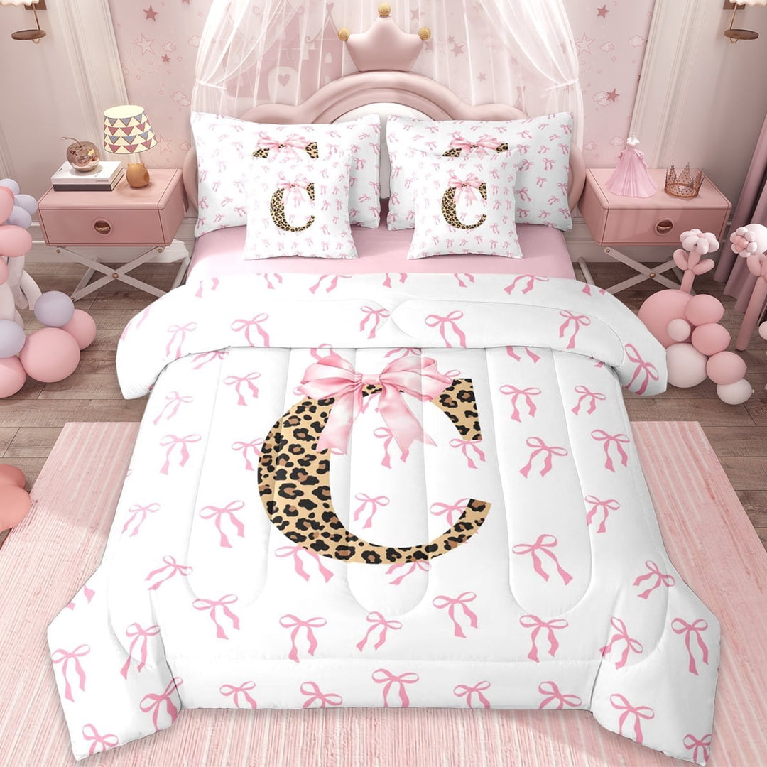 Erosebridal Aesthetic Coquette Bowknot 7-Piece Twin Bedding Sets,Letter C Monogrammed Bedding Comforter Set For Girls Kids,Pink White Brown,Reversible