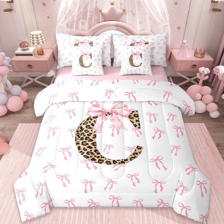 Erosebridal Aesthetic Coquette Bowknot 7-Piece Twin Bedding Sets,Letter C Monogrammed Bedding Comforter Set For Girls Kids,Pink White Brown,Reversible