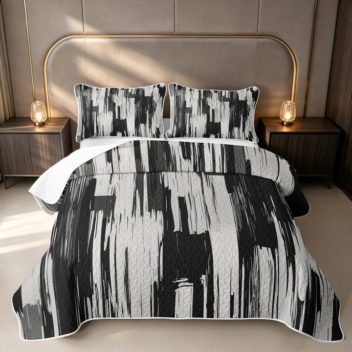 Erosebridal Modern Abstract Watercolor Quilt King, Black Gray King Coverlet Set, Black Reversible 3pcs 1 Bedspread and 2 Pillowcases