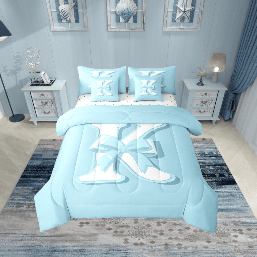 Erosebridal Initial K Letter Bedding Twin Size, Princess Bow Bed in a Bag Twin size, Blue Monogrammed Reversible Bed Set, Microfiber Room Decor, 7pcs