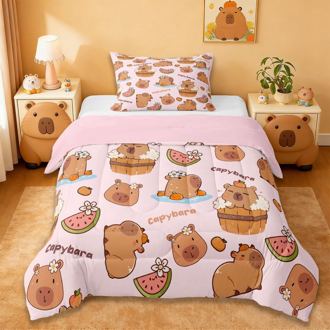 Erosebridal Cute Capybara Twin Comforter Sets,Brown Cartoon Animal Bedding Set For Capybara Lovers ,Reversible Pink 2-Piece