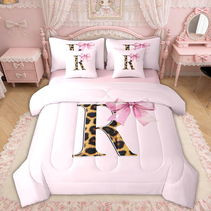 Erosebridal Kawaii Bowknot Letter R Twin Bedding Sets, Dreamy Princess Style Bedding Comforter Set for Girls Kids, Pink Reversible, 7-Piece
