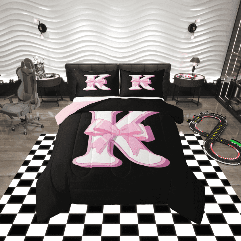 Erosebridal Monogrammed K Bedding Twin Comforter Set, Initial Letter Down Comforter, Pink Bow Reversible Comforters &amp; Duvets, Super Cozy Bedroom Decor, 2-Piece