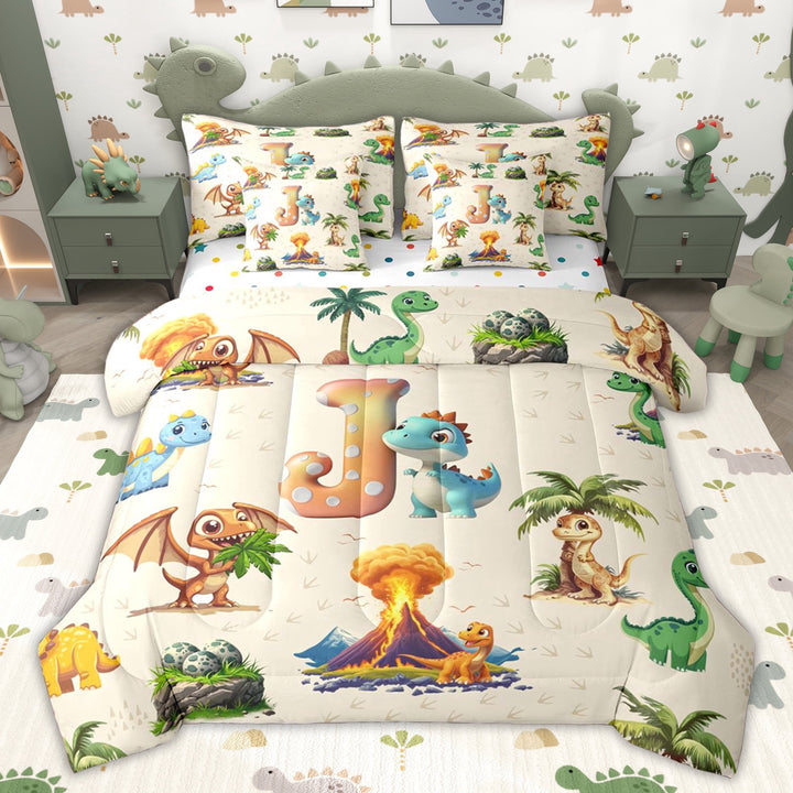 Erosebridal Blue Dinosaur Initial J Twin Bedding Sets for Kids Boys Girls, Jungle Dino Bedding Comforter Set, Polka Dots Reversible, 7 Pieces