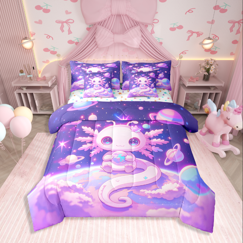 Erosebridal Animal Axolotl Bedding Sets Twin Size,Cosmos Starss Comforter Sets With Sheets,Starry Sky Decoraiton,Reversible,Breathable,7Pcs