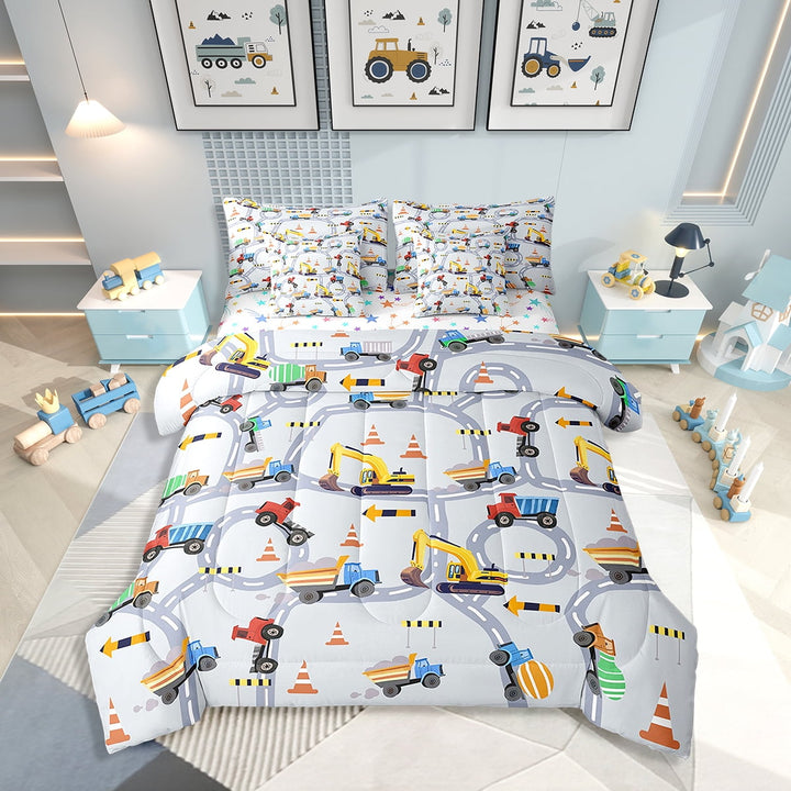 Erosebridal Cartoon Truck Bed in a Bag Twin size,Kawaii Tractor Bed Set, Construction Decor, 7 Pieces