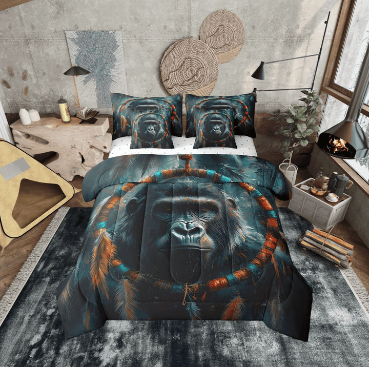 Chimpanzee Bed in a Bag Queen Comforter Set 7 Piece,Dreamcatcher Sheet Set with Comforter,Boho Feather Bedding Sets,Woodland Animals Bed Set Exotic Bohemian Decor