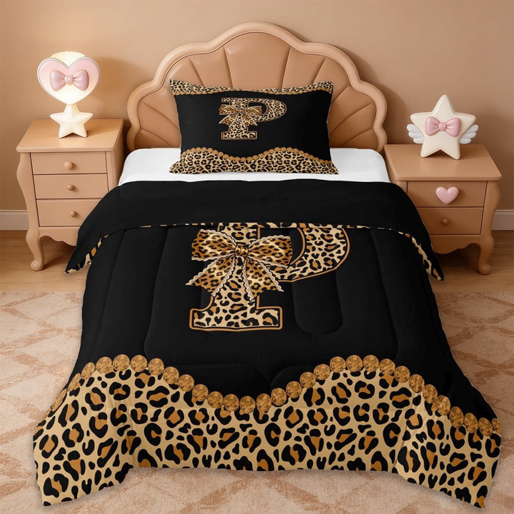 Erosebridal Girl Personalized Gifts Twin Comforter Sets,Cheetah Pattern Bowtie Alphabet P Bedding Set For Kids,Black Reversible,2-Piece