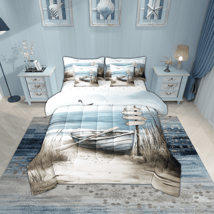 Erosebridal Sea Boat Bedding Sets Twin Size,Marine Beach Comforter Sets with Sheets,Ocean Theme Decoration,Reversible,Breathable,7pcs