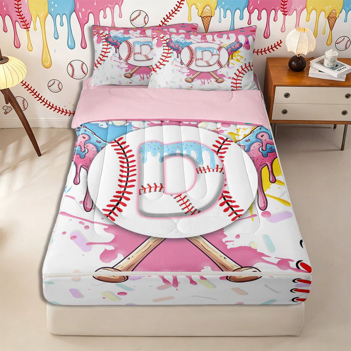Meiyoeat Ice Cream Baseball Letter D Zipper Full Size Comforter Sets with Fitted Sheet and 2 Pillowcases for Girls Juniors, Fun Initial Zipper Bedding Set, Pink White Red,4pcs,Pink Reversible