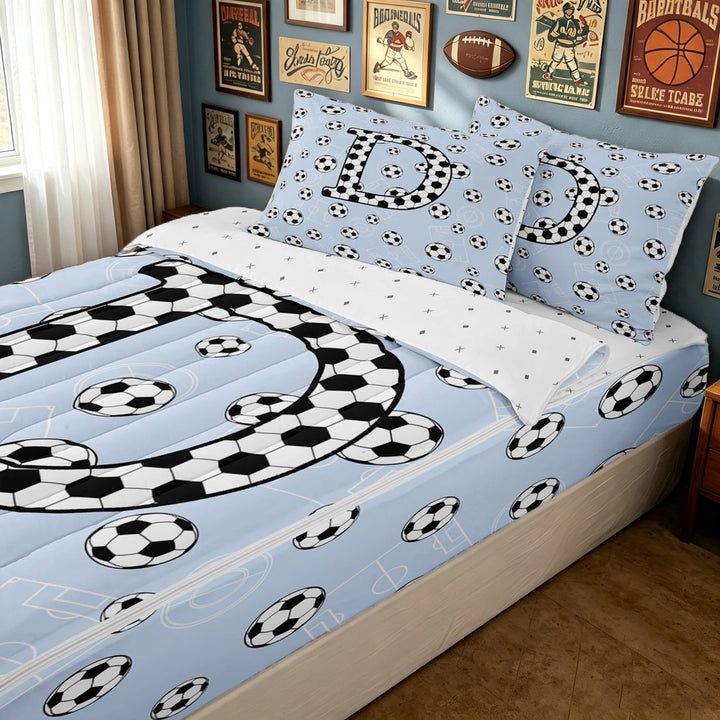 meiyoeat Cartoon Letter D Zipper Twin Comforter Sets with Fitted Sheet and 2 Pillowcases for Boys, Football Soccer Print Zipper Bedding Set, Reversible, 4-Piece