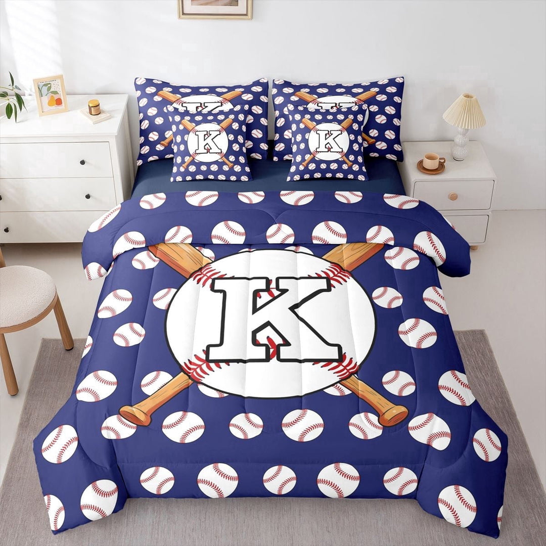 Erosebridal Baseball Gamer K Personalized Initial Twin Bedding Sets 7-Piece for Boys Girls,Sport Theme Bedding Comforter Set for Teens,Navy Blue Reversible,Ultra Soft Home Decor